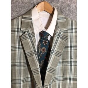 Tasso Elba Blazer Mens Large Gray Tan Plaid Two Button Sport Coat Lightweight